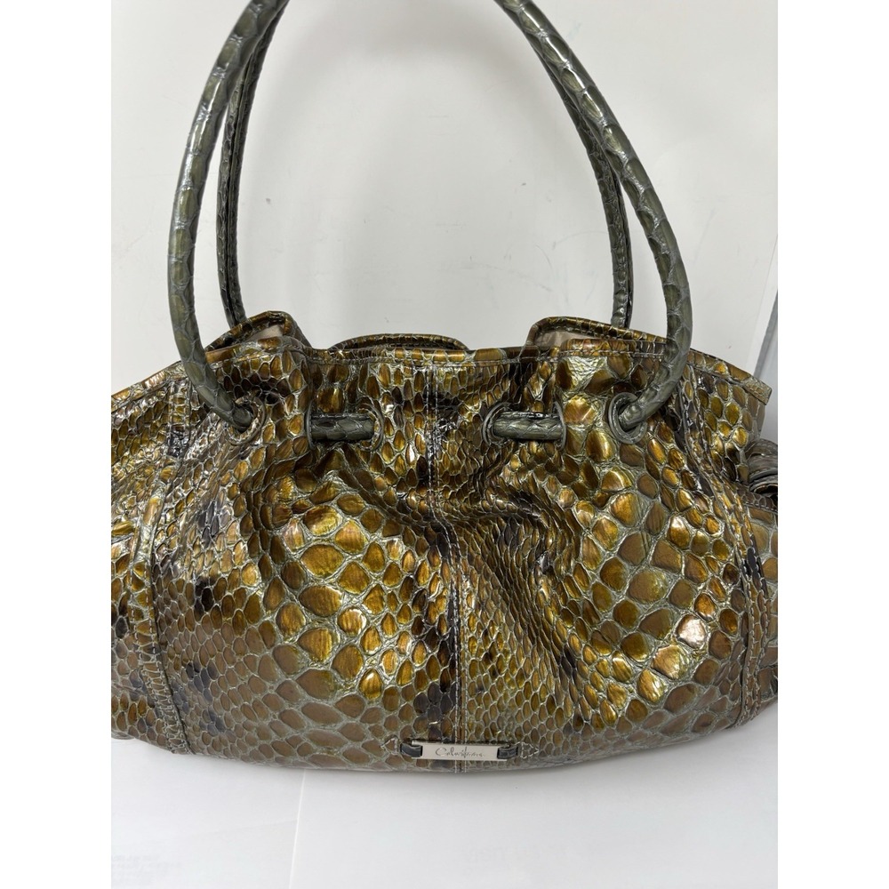 Cole Haan Metallic Gold Snakeskin Textured Leather Handbag Zip Side Pockets